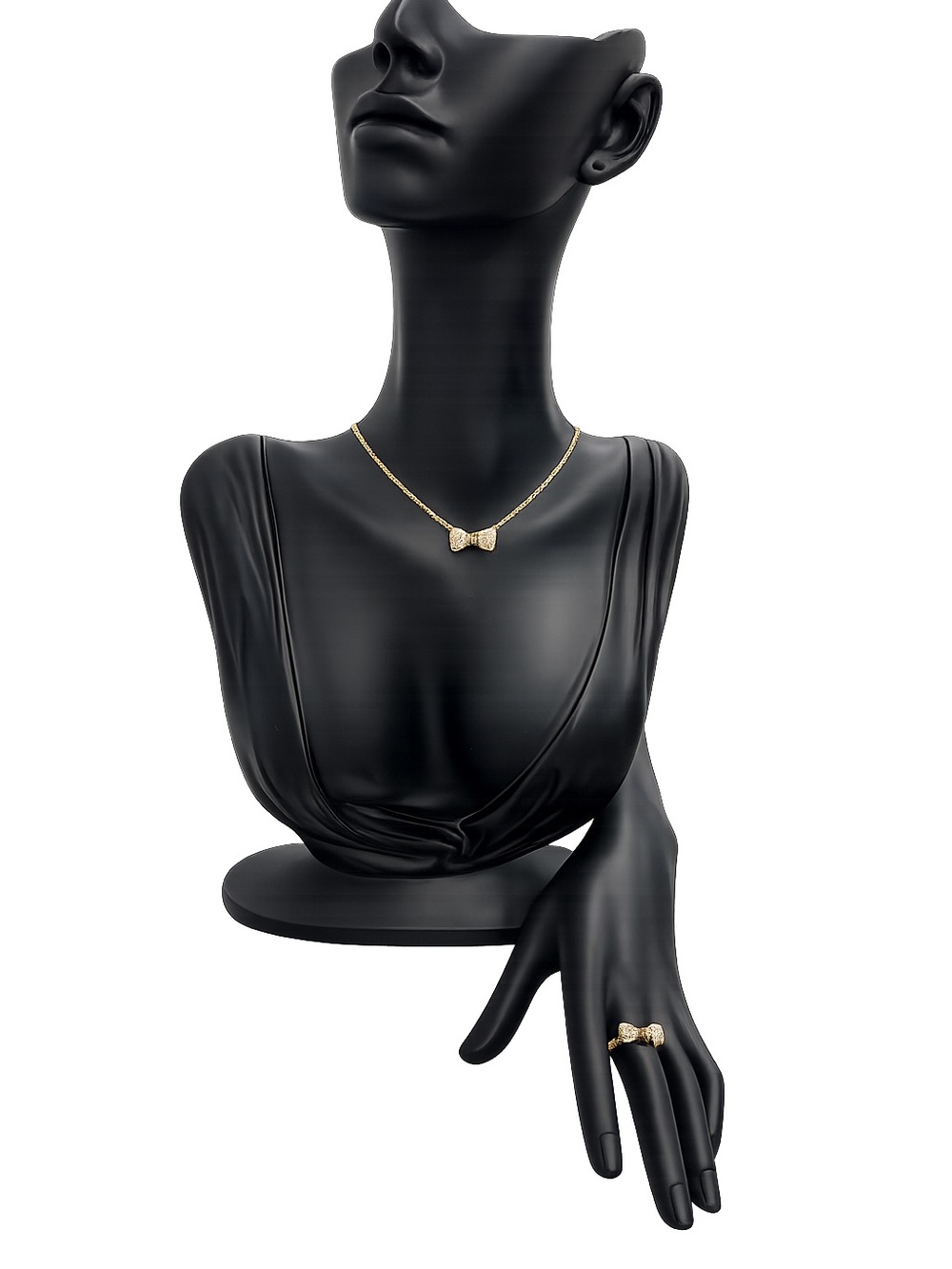 Gold Bow Pendant Necklace and Ring Set - Elegant Women's Jewelry